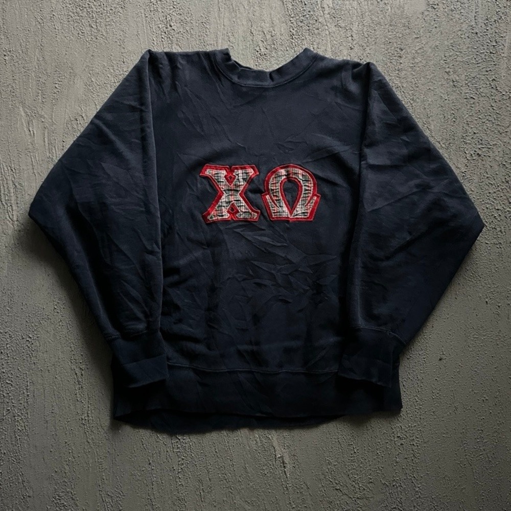 Vintage Champion Reverse Weave Sweatshirt Large Blue 1980s Chi Omega Greek Patch